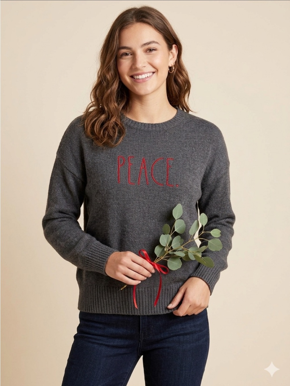 Rae Dunn PEACE. Gray Knit Crewneck Holiday Sweater. Small.